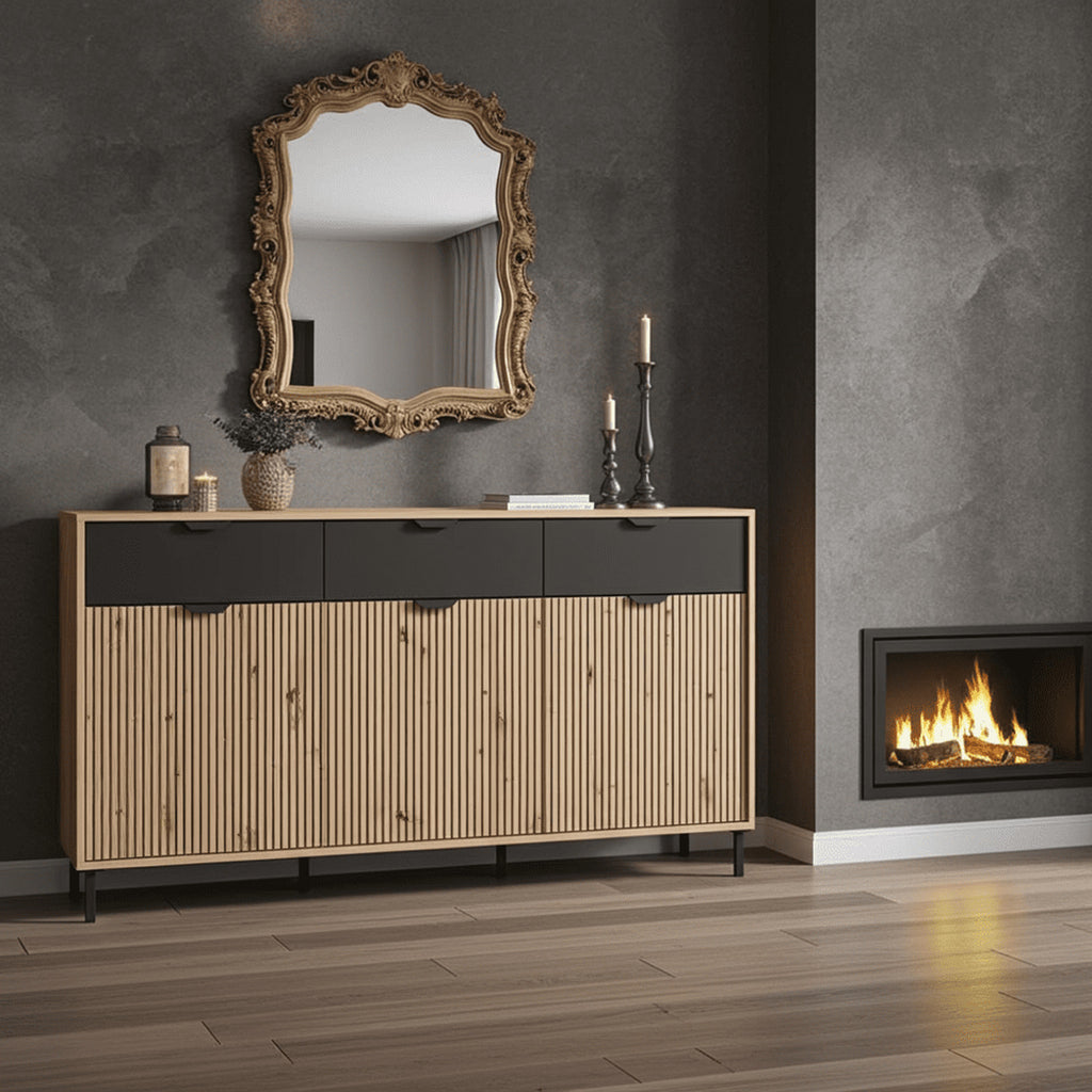 Martinique Artisan Oak Effect Slatted And Black 3 Door Sideboard