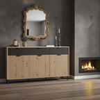 Martinique Artisan Oak Effect Slatted And Black 3 Door Sideboard