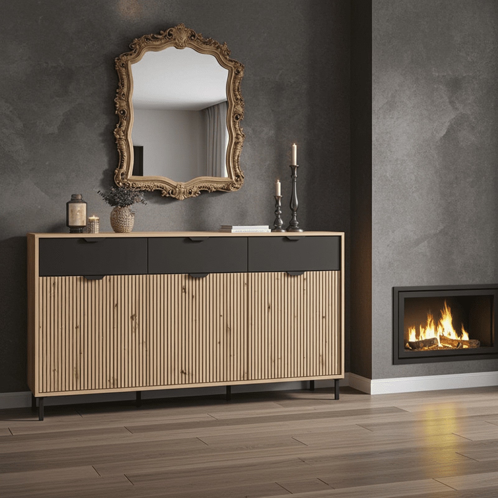 Martinique Artisan Oak Effect Slatted And Black 3 Door Sideboard