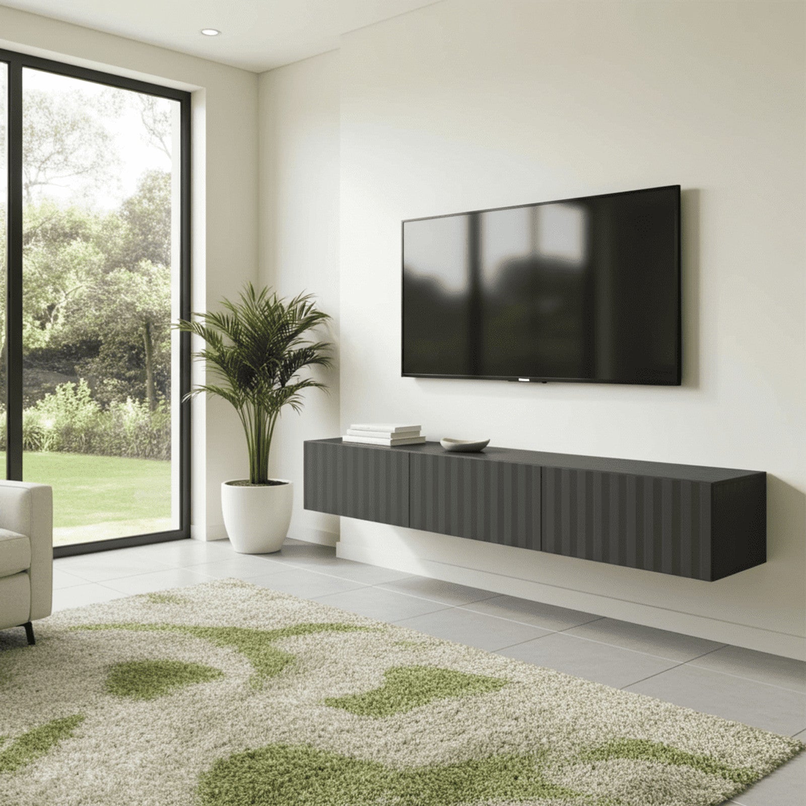 Como Black Slat Effect Wall Mounted Floating Large TV Unit