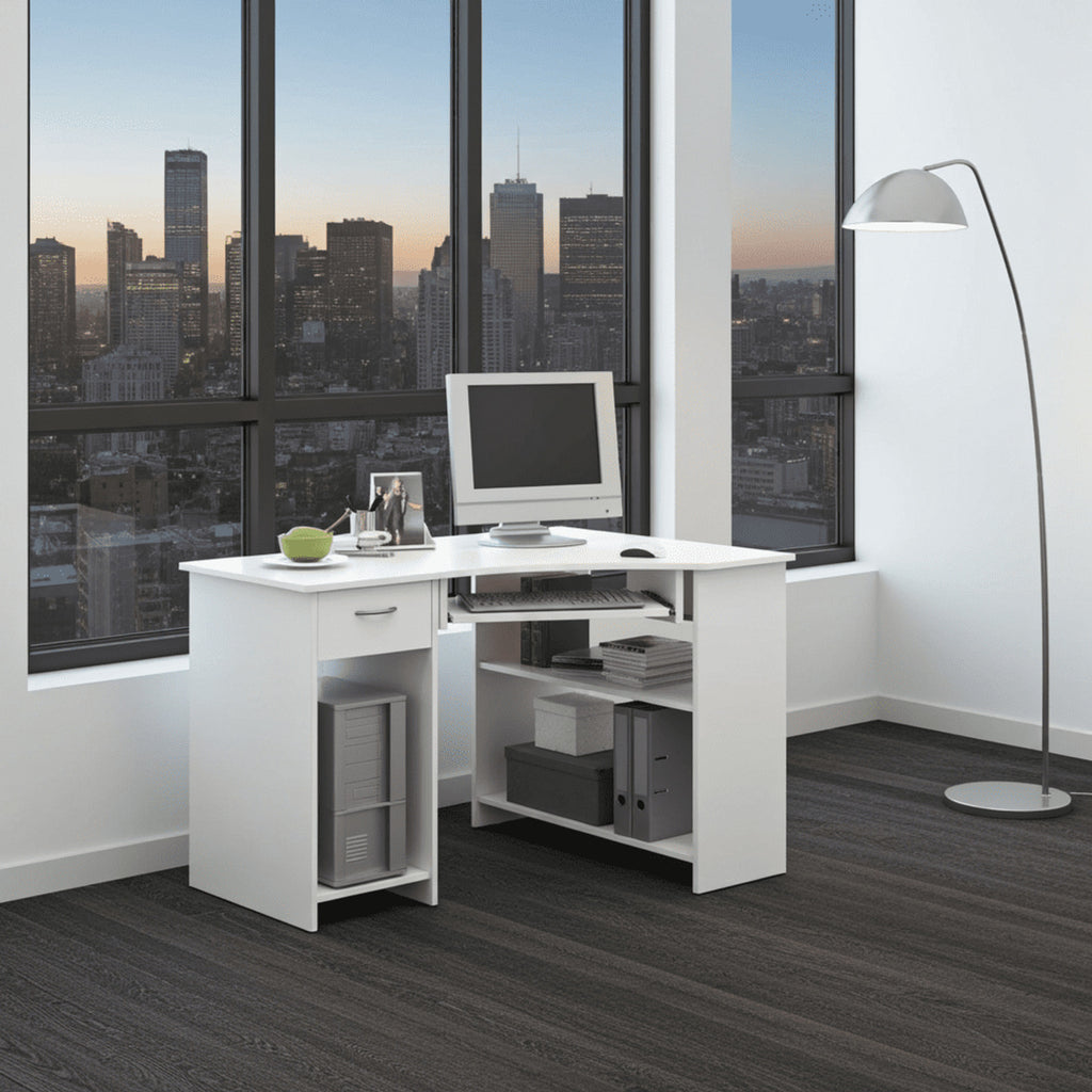 Alex White Corner Desk with Drawer and Shelves