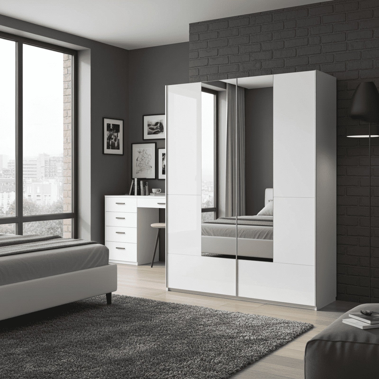Santino White Gloss Sliding Door Wardrobe With Mirrored Door