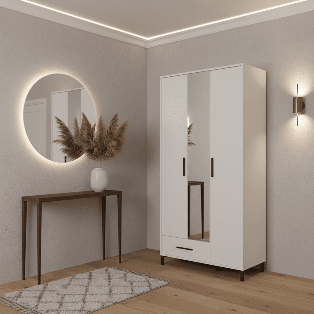 Saltbay White 3 Door Tall Shallow Depth Hallway Mirrored Wardrobe