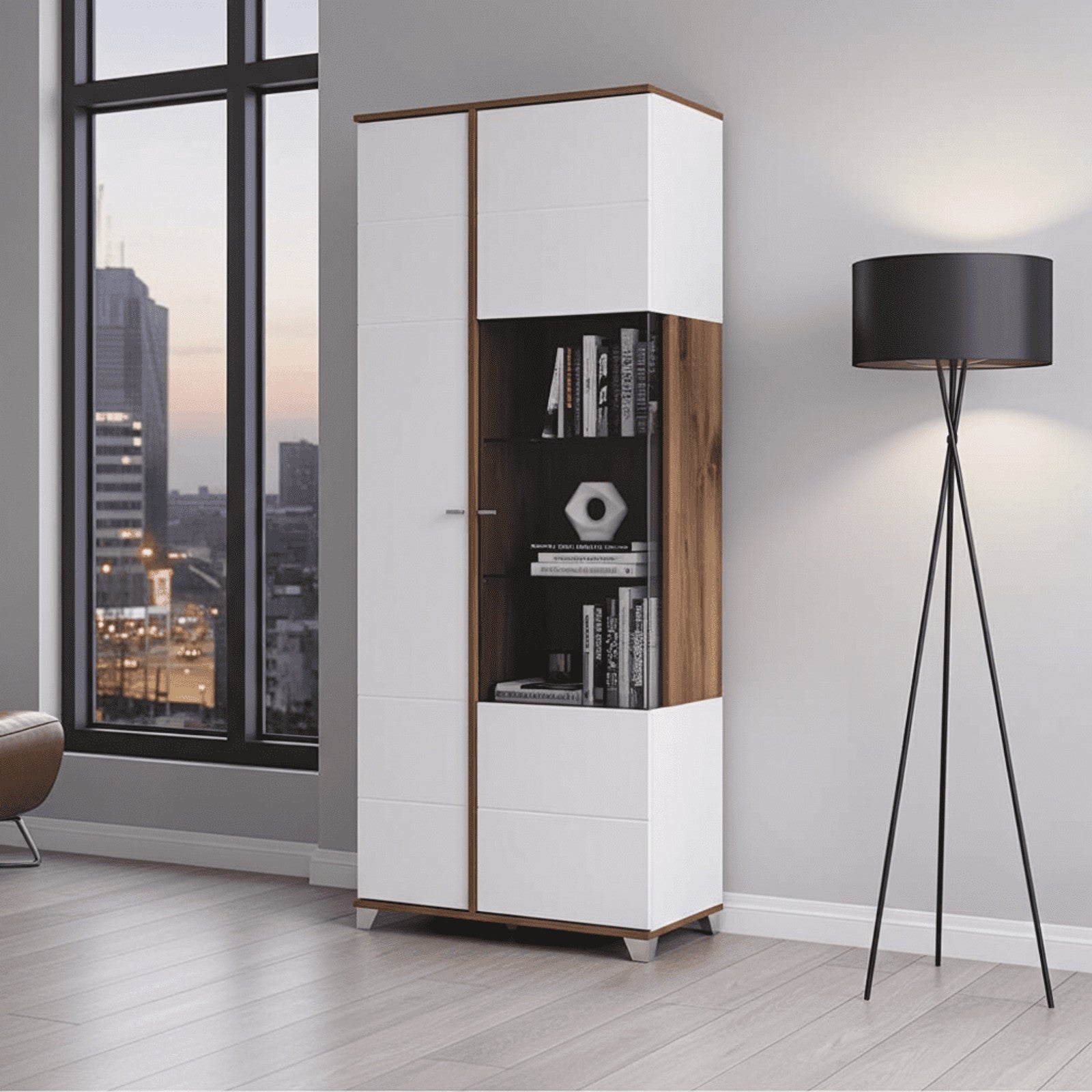 Merlot White High Gloss And Oak Effect Display Cabinet