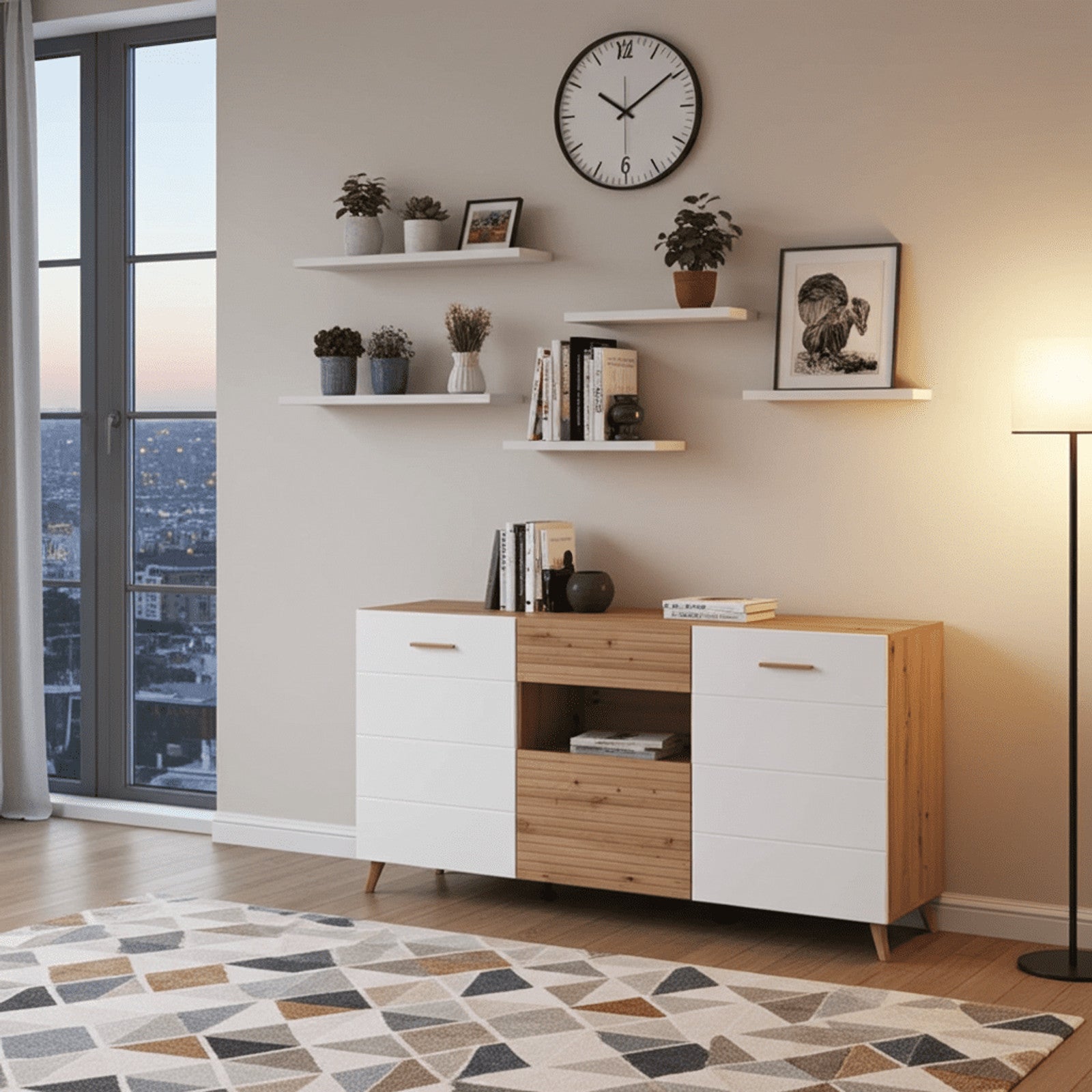 Bretanova Slatted Artisan Oak Effect And White Gloss Sideboard