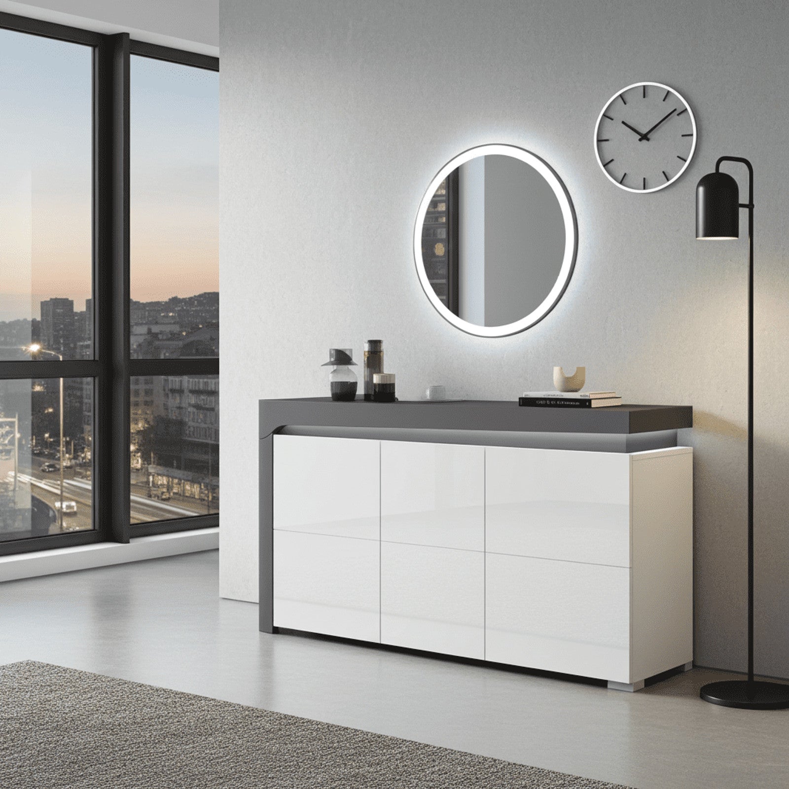 Athens Grey and White Gloss 3 Door Sideboard With Lights