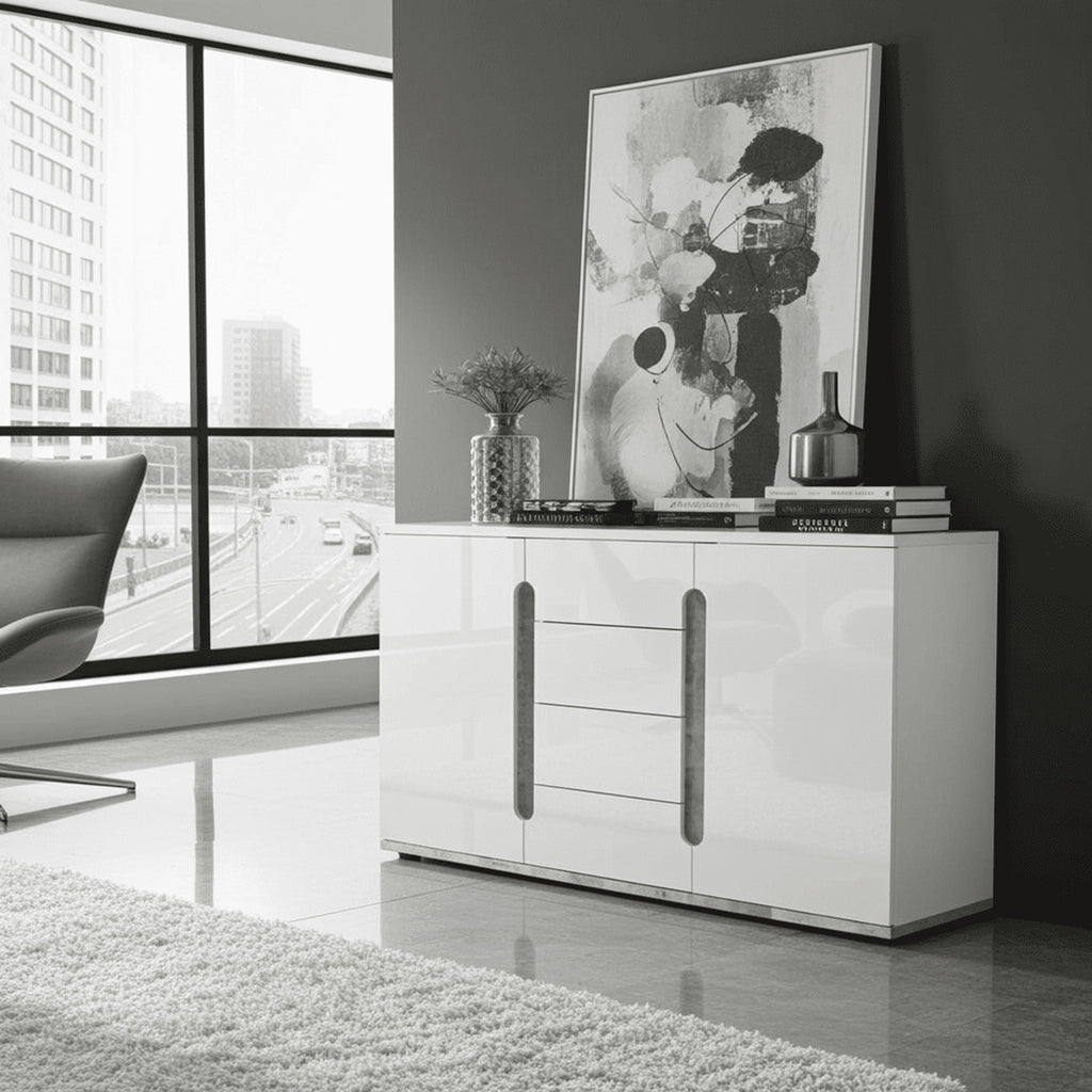 Elise White High Gloss And Grey 2 Door / 4 Drawer Sideboard