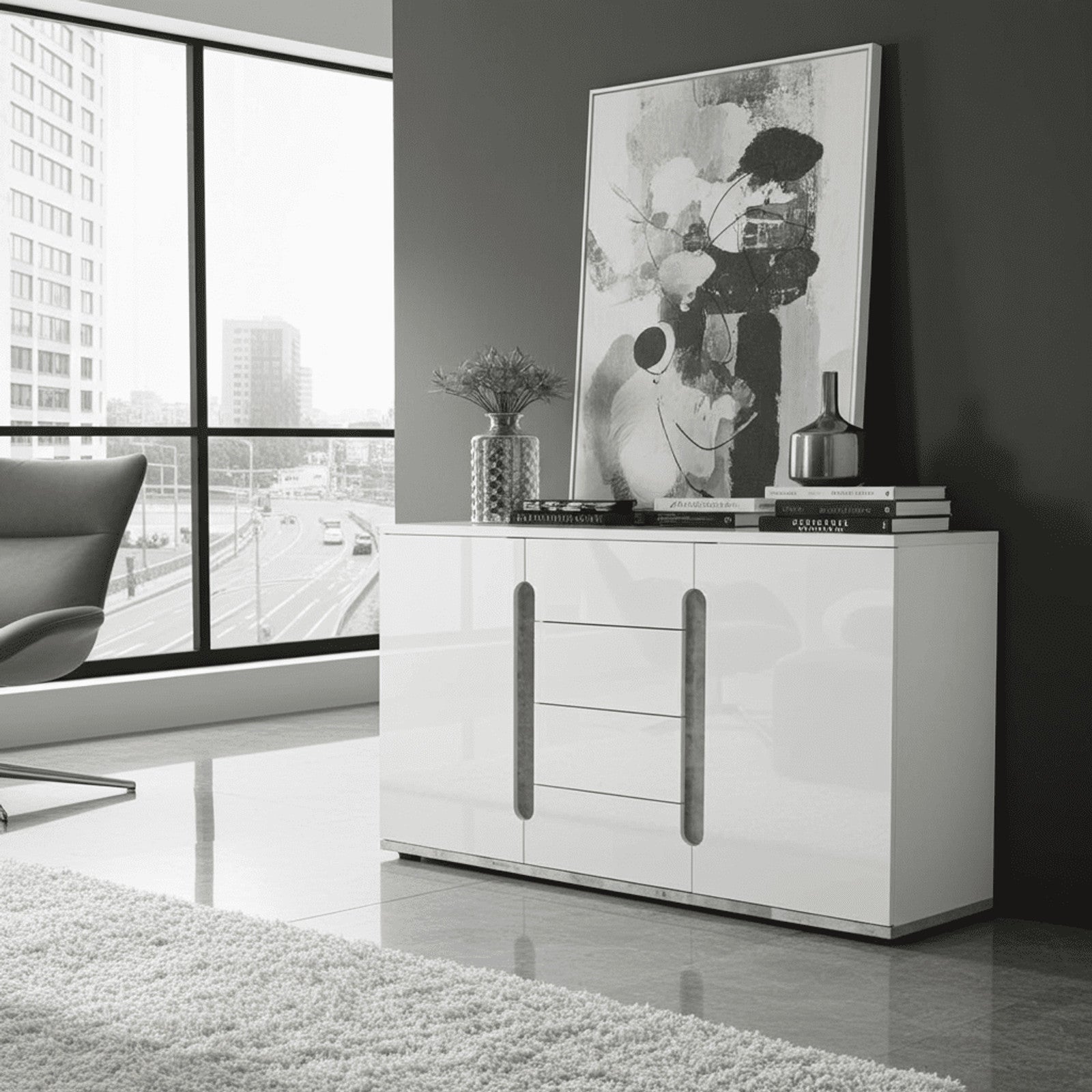 Elise White High Gloss And Grey 2 Door / 4 Drawer Sideboard