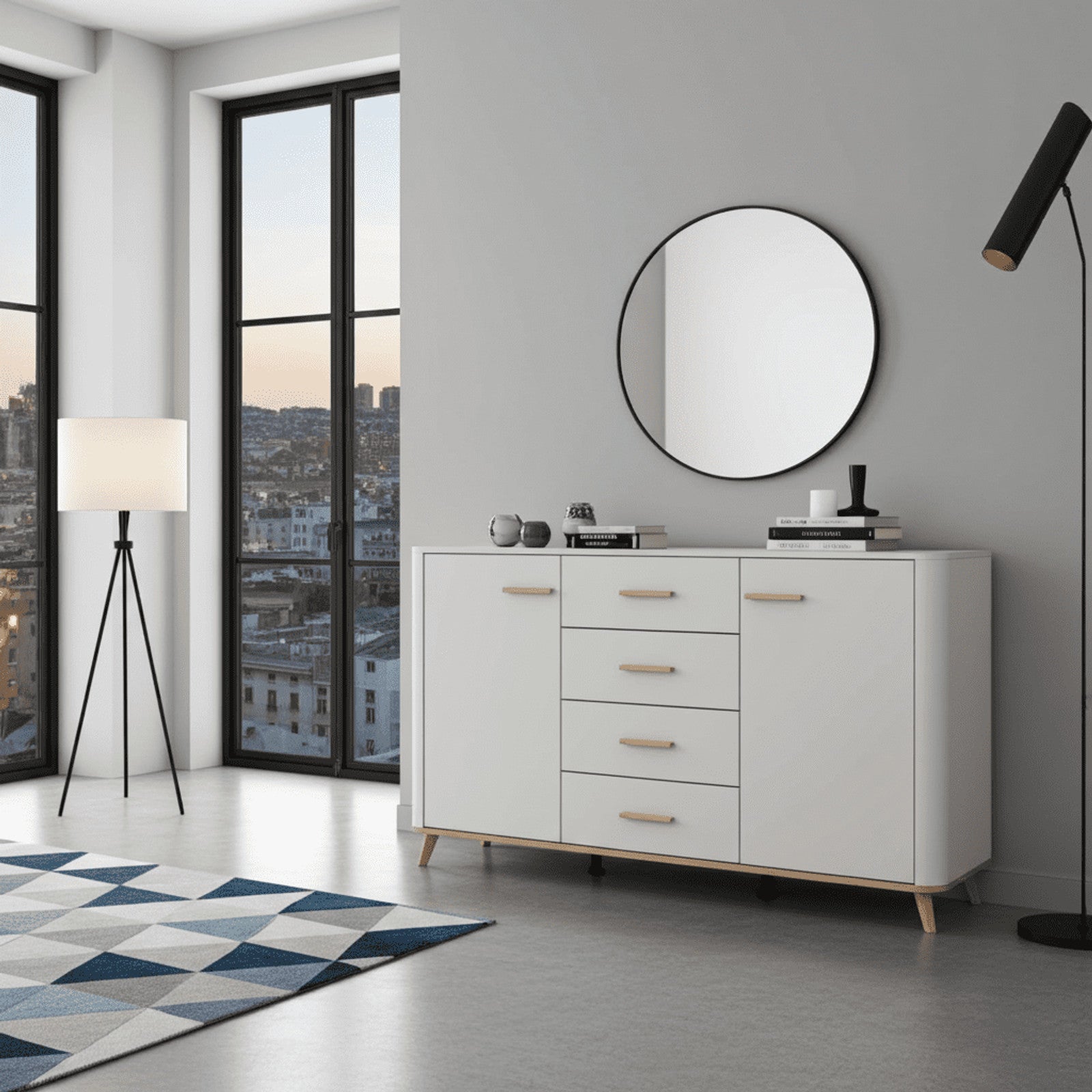 Dariqon Cashmere And Oak Effect 154cm 2 Door 4 Drawer Sideboard