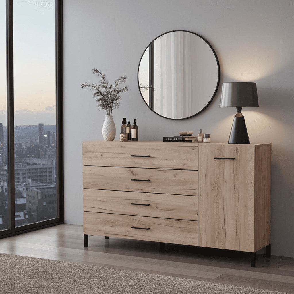 Romero Oak Effect 1 Door 4 Drawer Sideboard Storage Unit