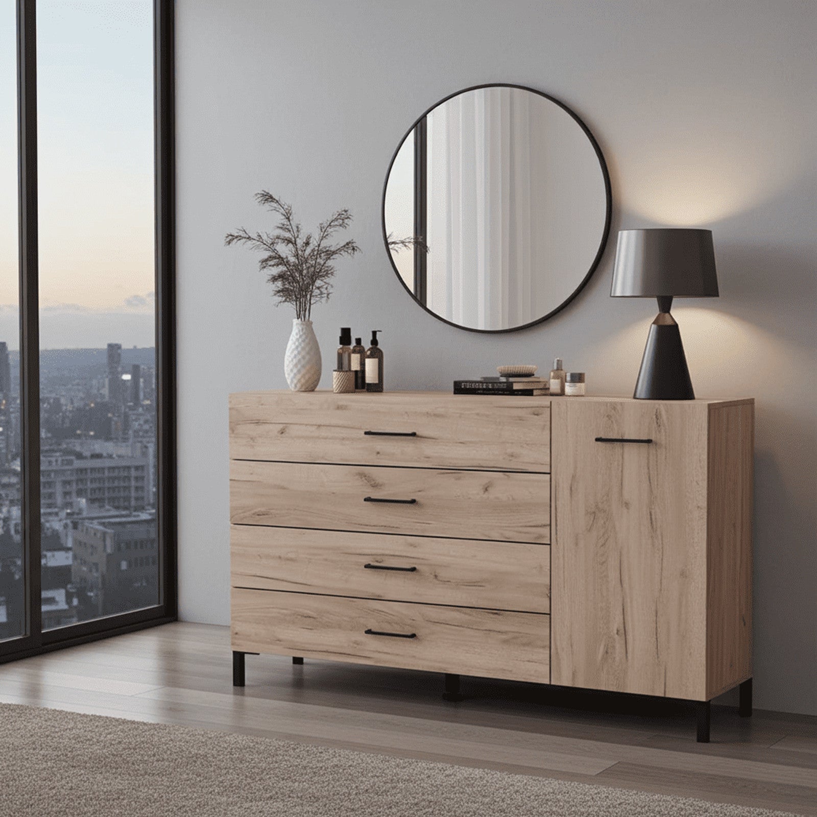 Romero Oak Effect 1 Door 4 Drawer Sideboard Storage Unit