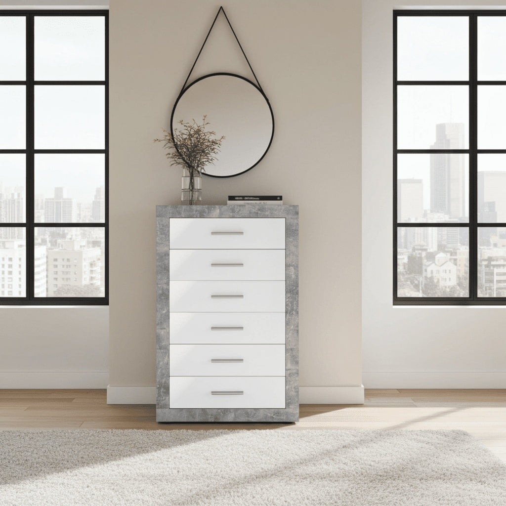 Pietra Grey and White Gloss 6 Drawer Tallboy Chest