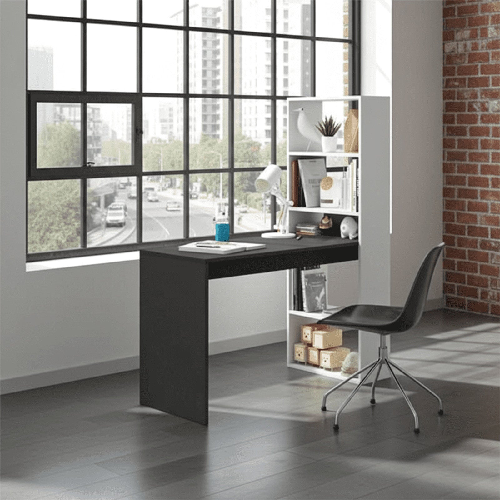 Double White and Grey Effect Computer Desk with Bookcase