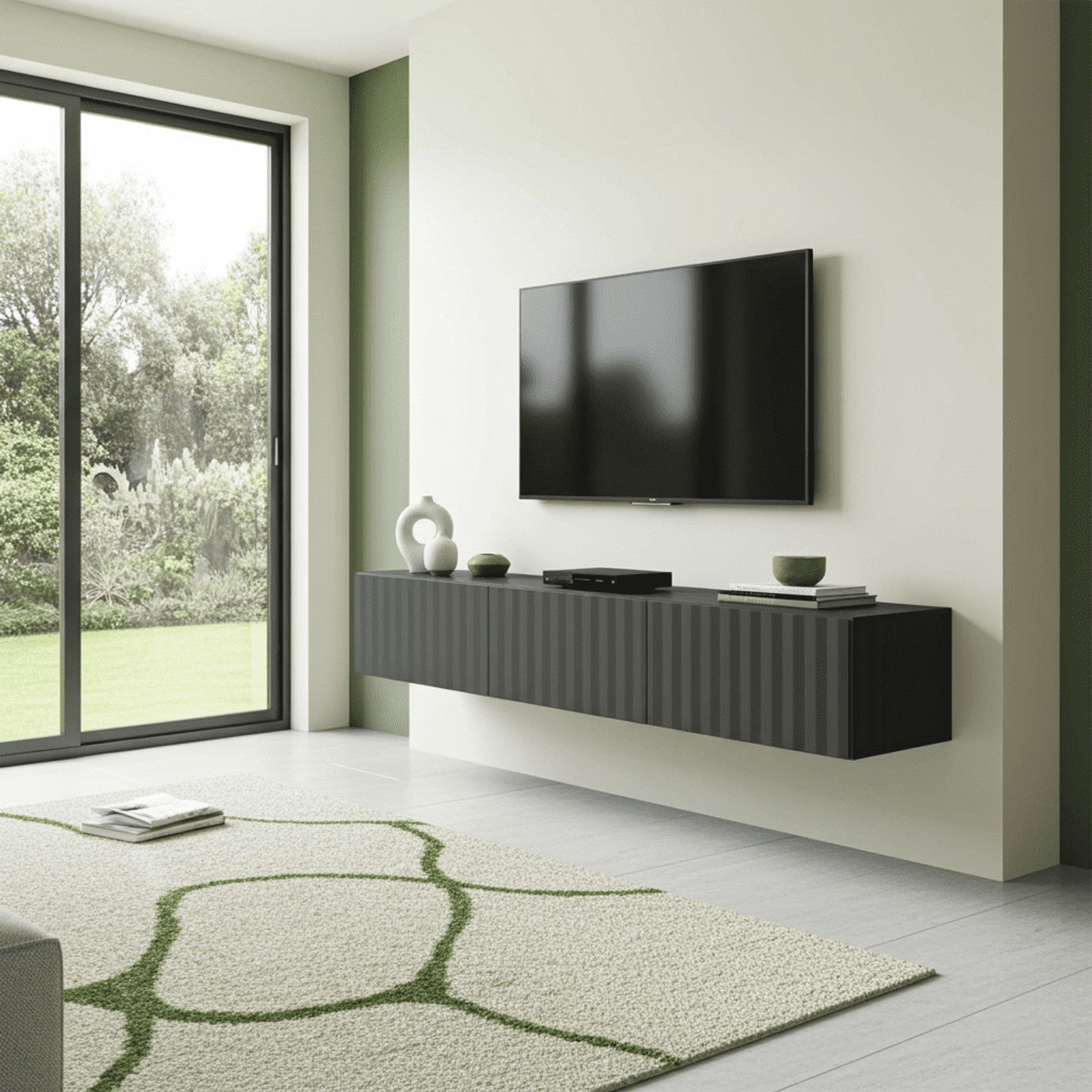 Como Black Slat Effect Wall Mounted Floating Large TV Unit