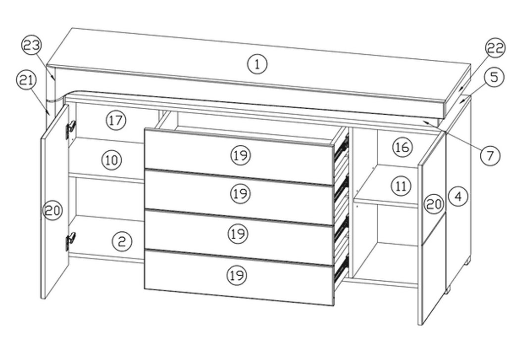 Athens Grey And White Gloss 2 Door / 4 Drawer Sideboard With Lights