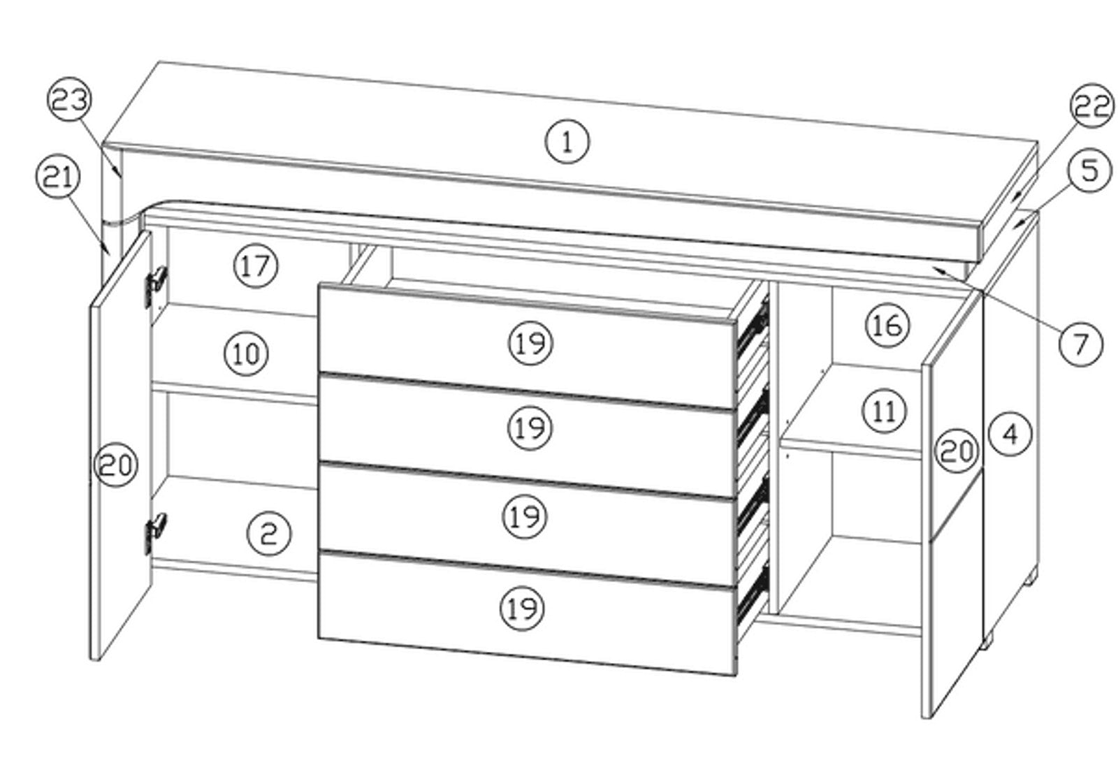 Athens Grey And White Gloss 2 Door / 4 Drawer Sideboard With Lights