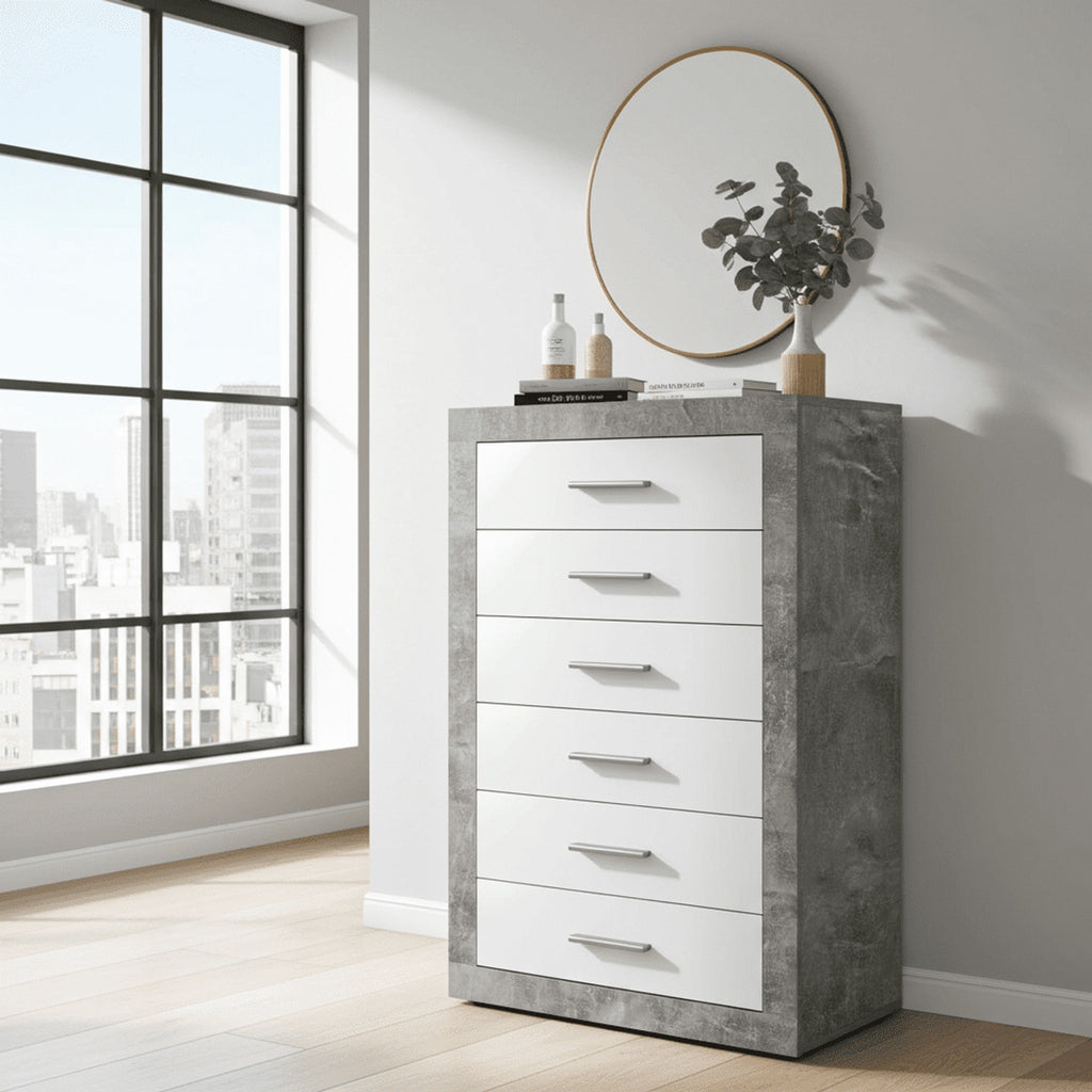 Pietra Grey and White Gloss 6 Drawer Tallboy Chest