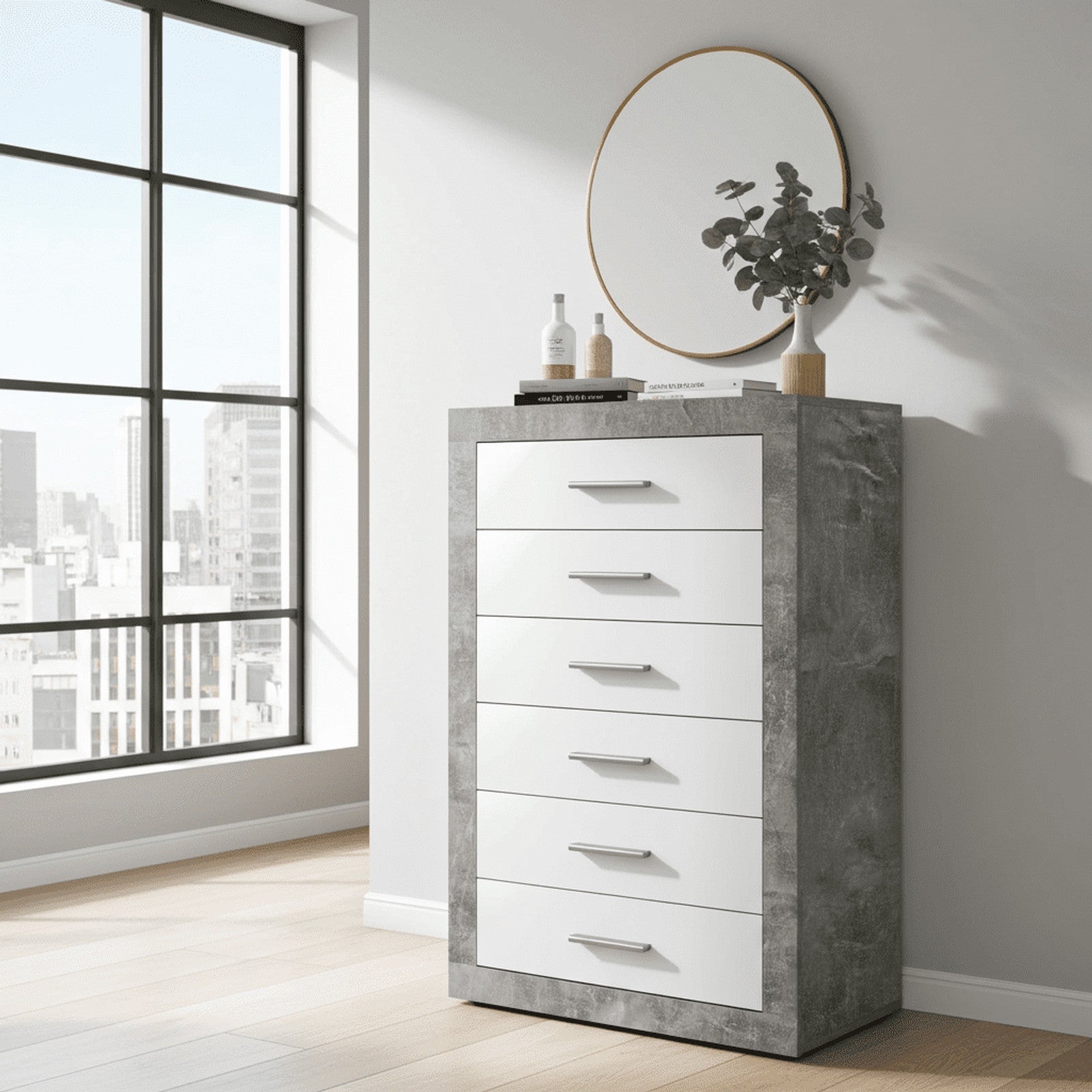 Pietra Grey and White Gloss 6 Drawer Tallboy Chest