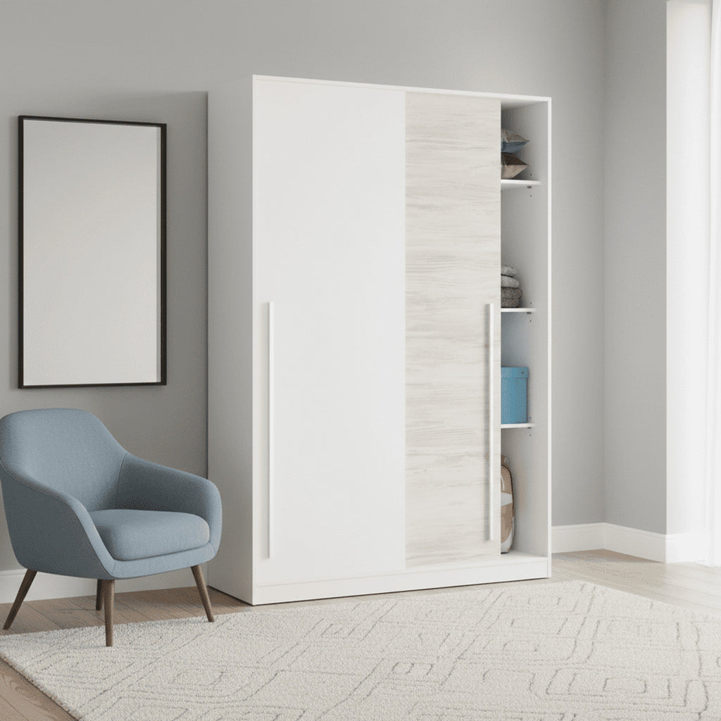 Columbus Arctic White and White Oak Effect Small Narrow Sliding 2 Door Wardrobe 120cm Wide