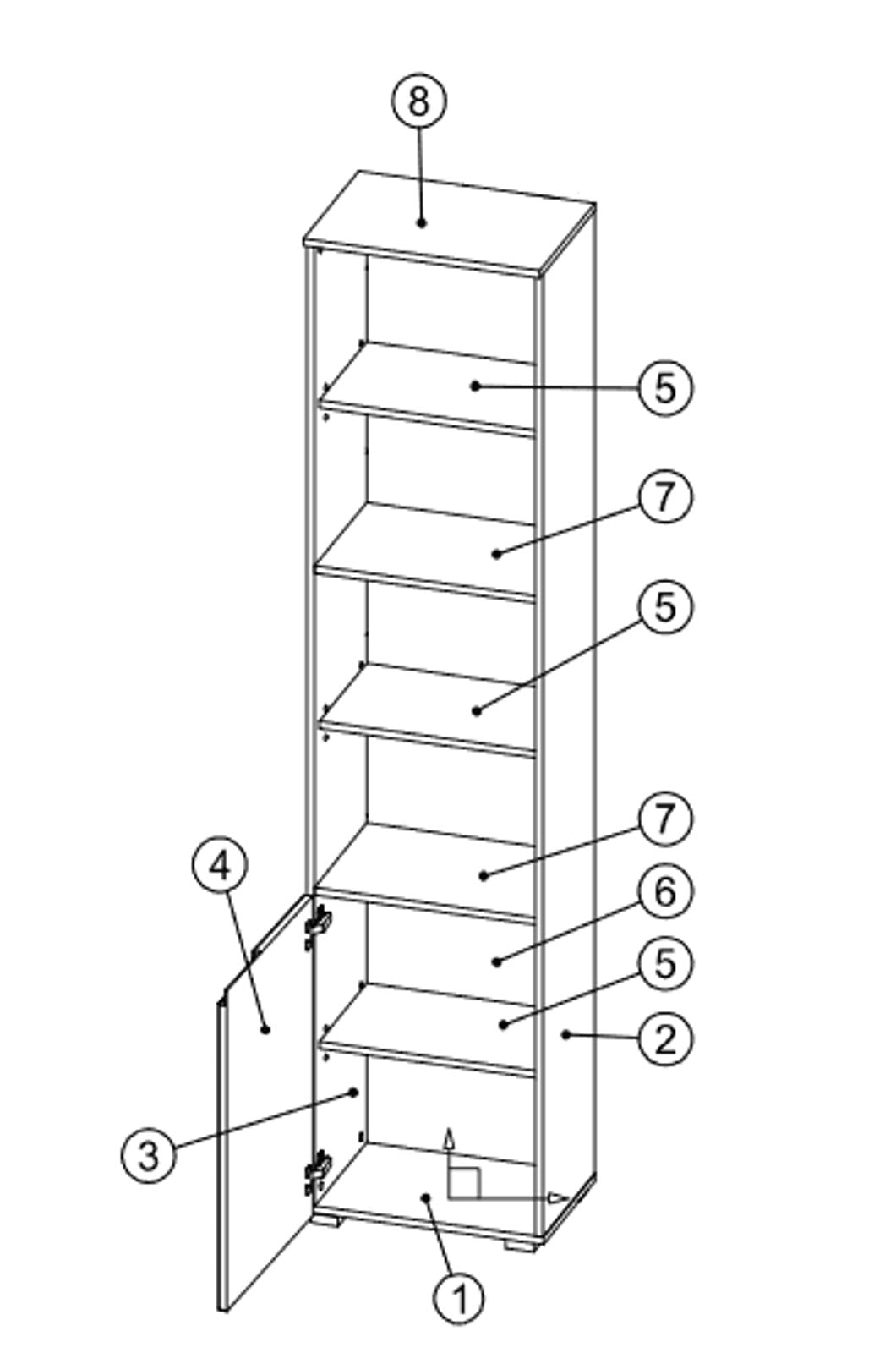 Santino Tall Narrow Bookcase with White Gloss Door