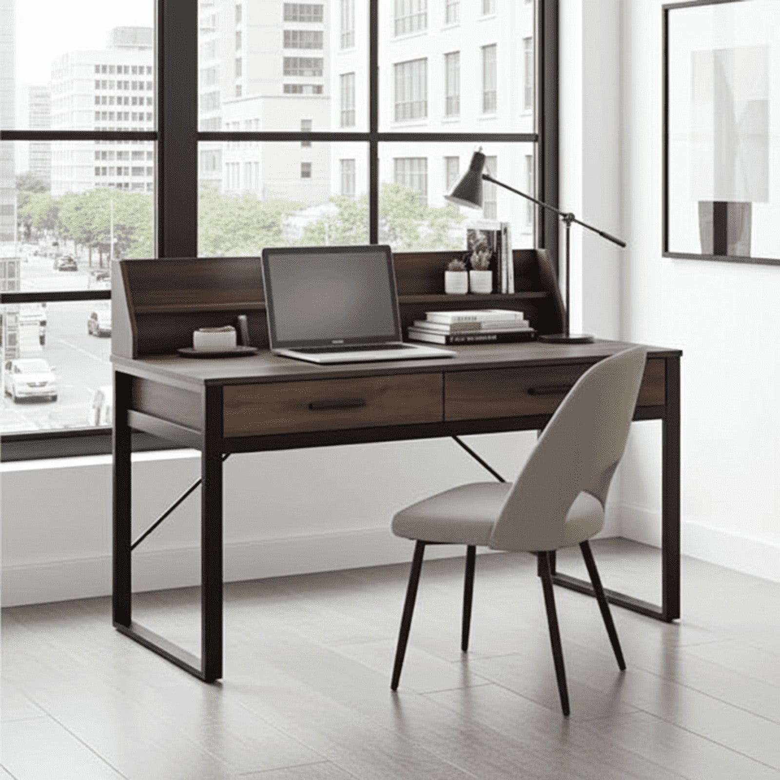 Reusch Dark Walnut Effect Writing Study Desk with Drawers and Hutch