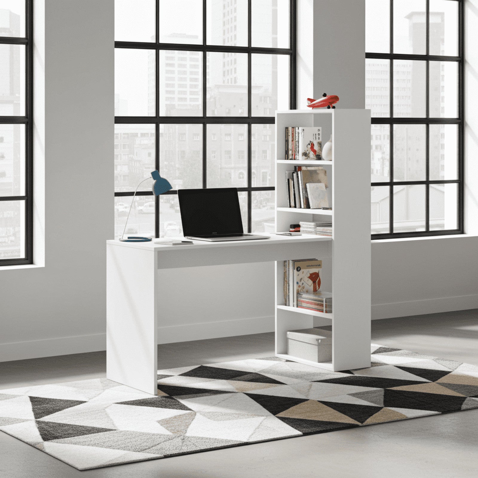 Double Matt White Computer Desk with Bookcase