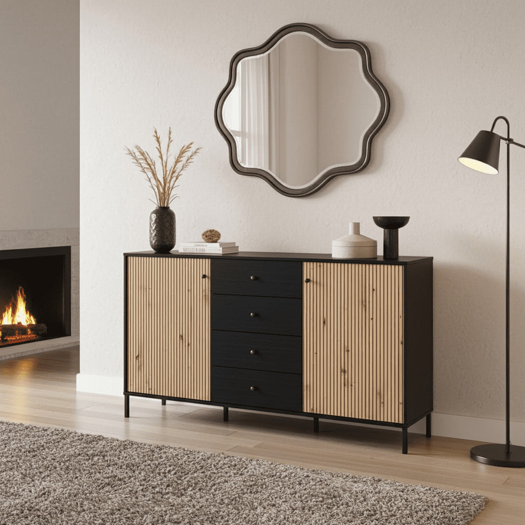 Clifton Slatted Artisan Oak Effect And Black Sideboard