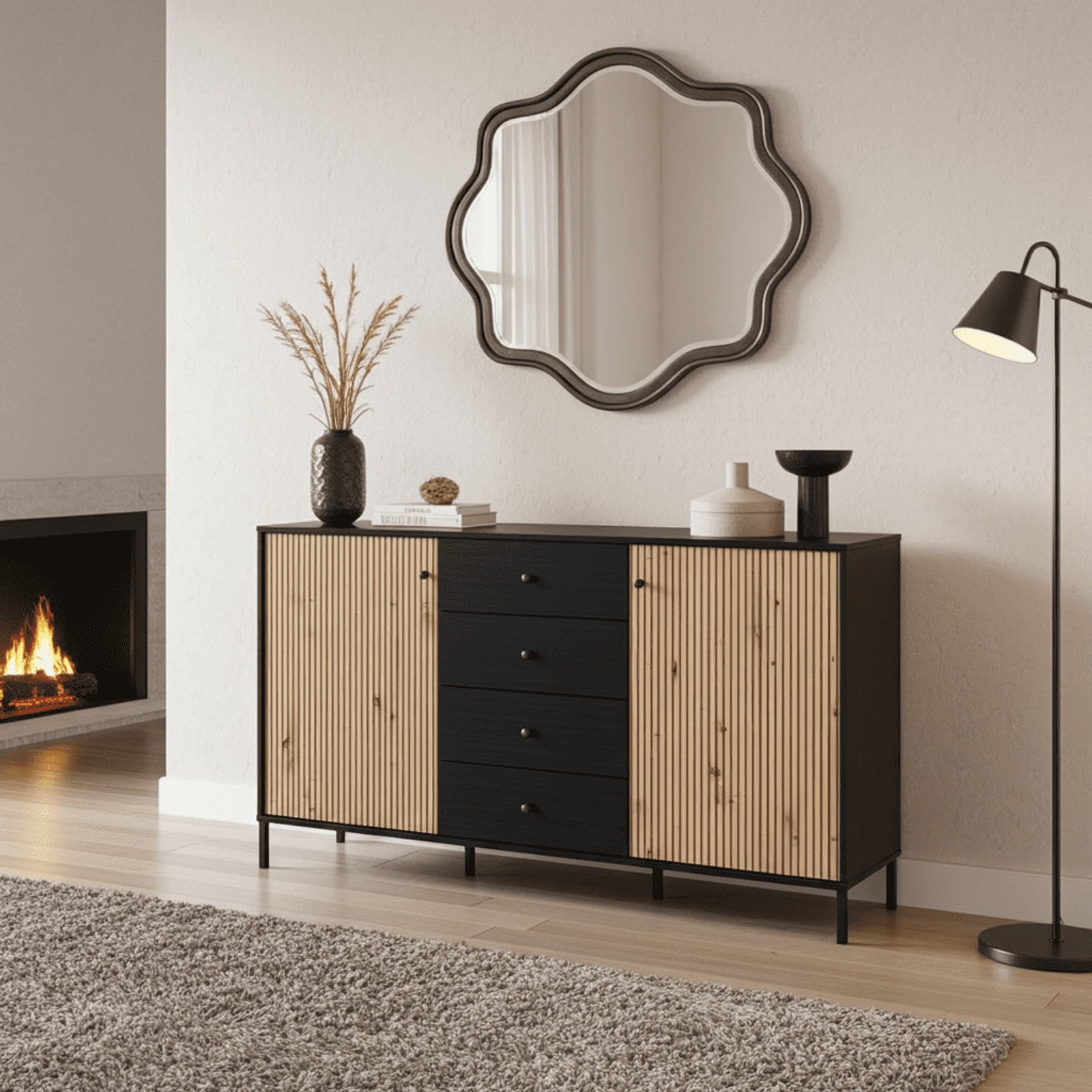 Clifton Slatted Artisan Oak Effect And Black Sideboard