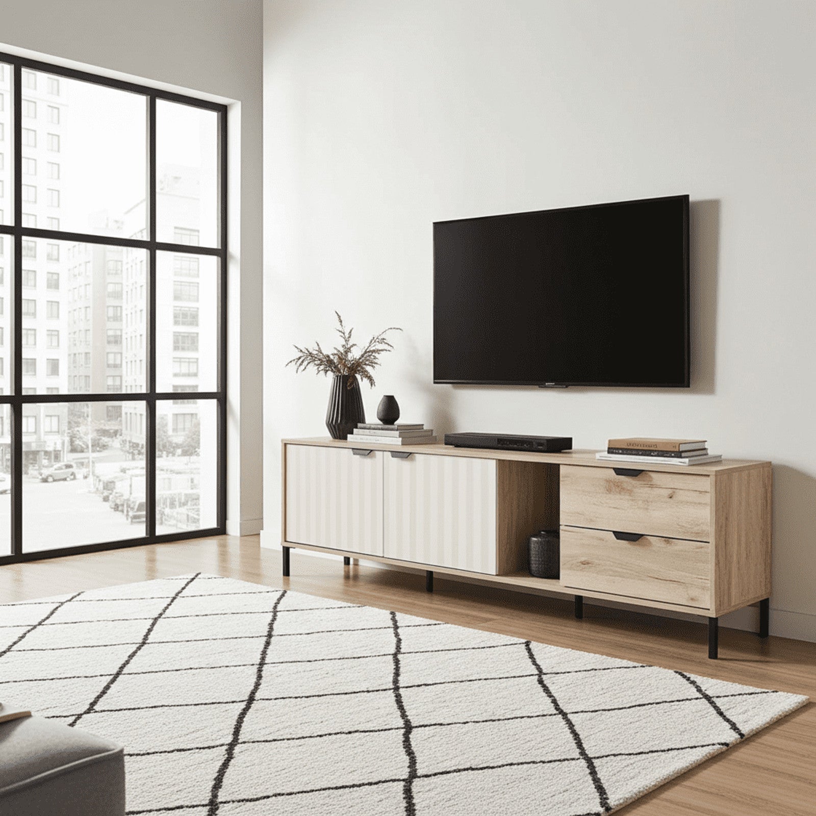 Evandria Vandea Grey Oak Effect Cashmere Slatted TV Unit Cabinet