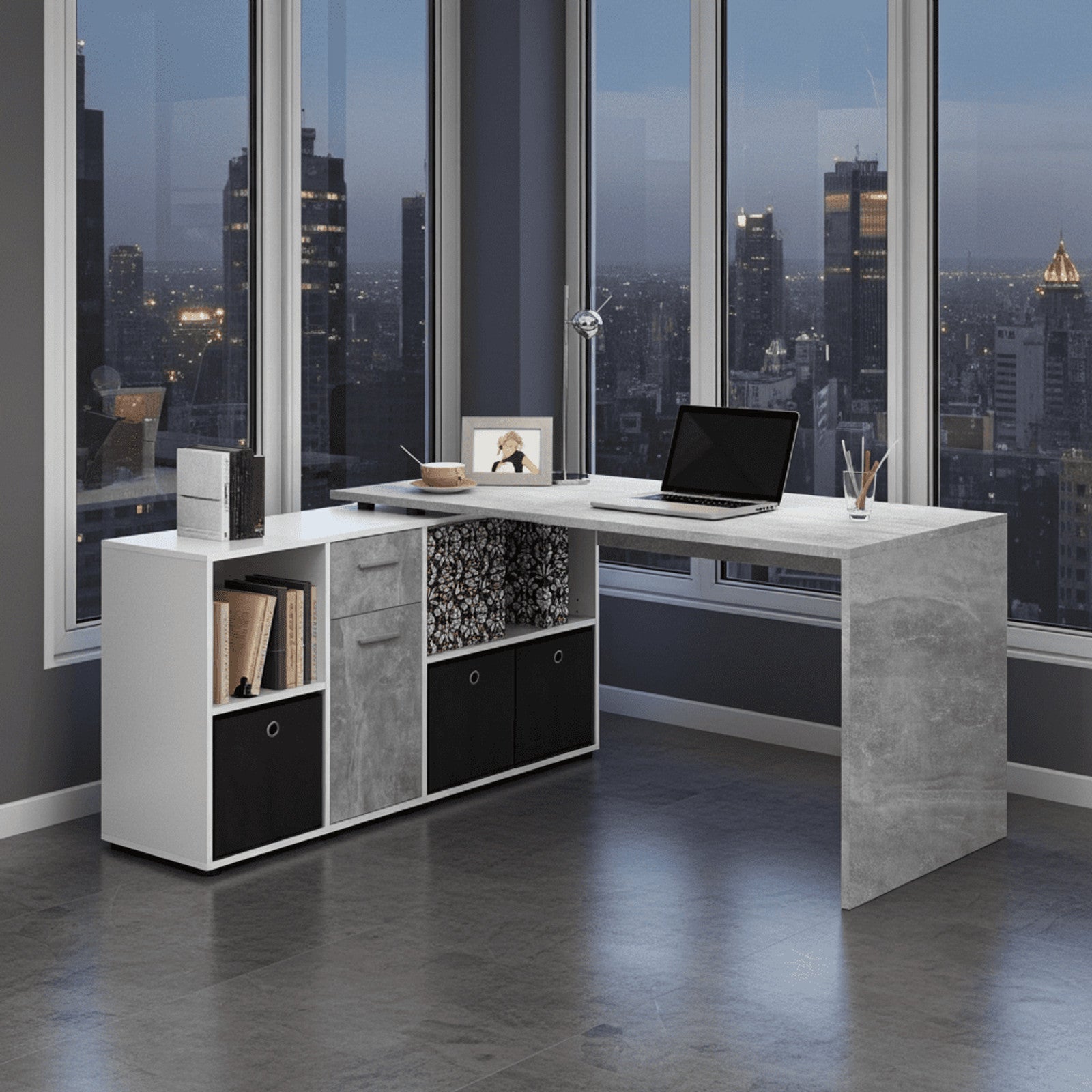 Luiz Concrete Grey and White Corner Desk