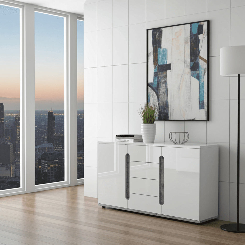 Elise White High Gloss And Grey 2 Door / 4 Drawer Sideboard