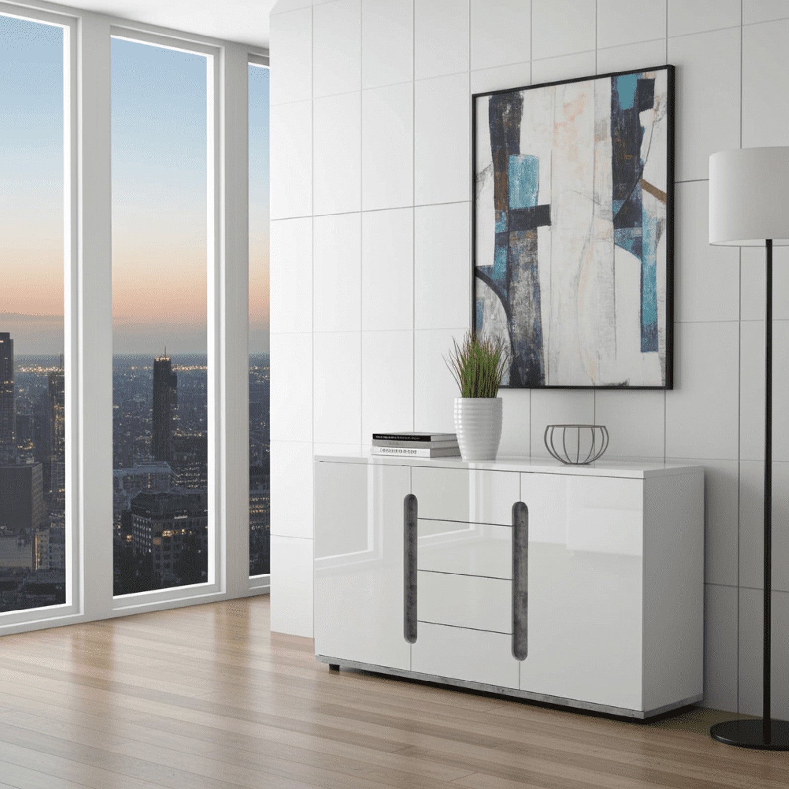 Elise White High Gloss And Grey 2 Door / 4 Drawer Sideboard