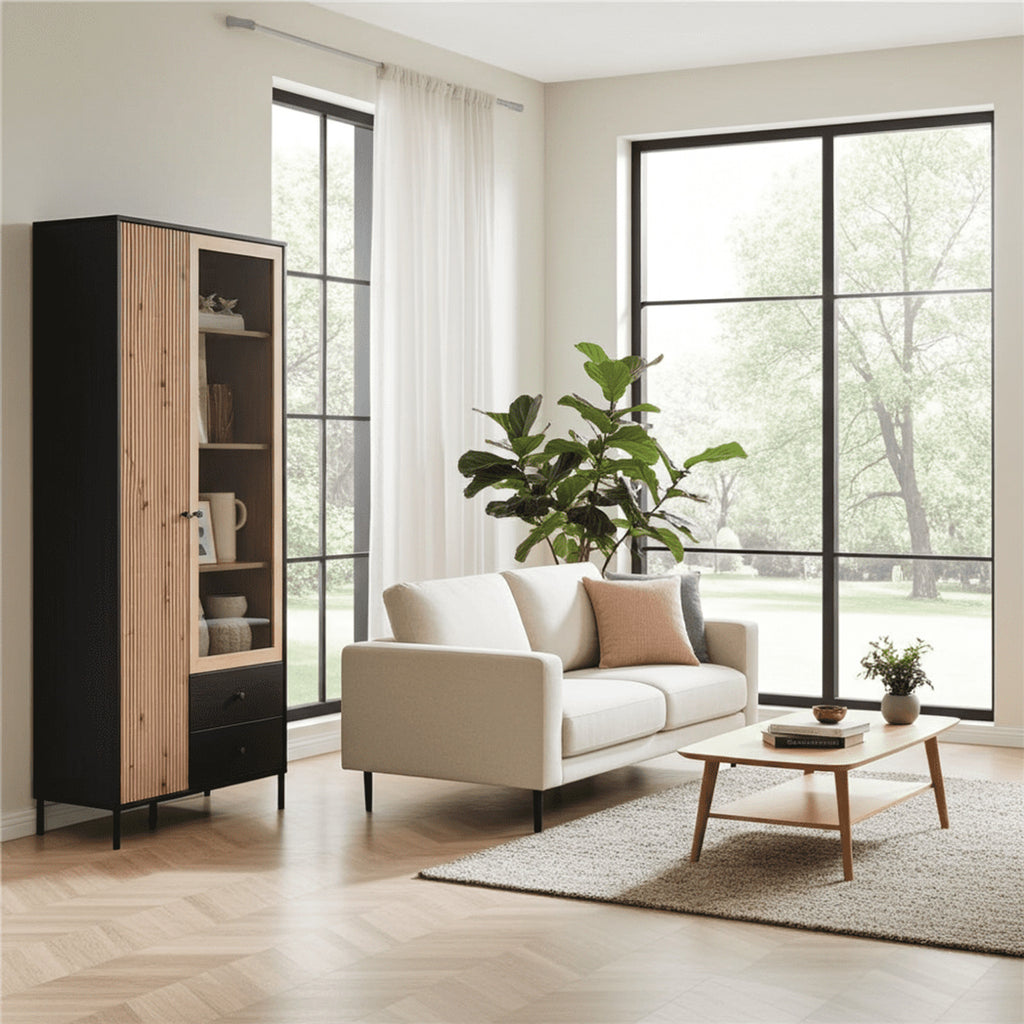 Clifton Slatted Artisan Oak Effect And Black 2 Door Display Cabinet