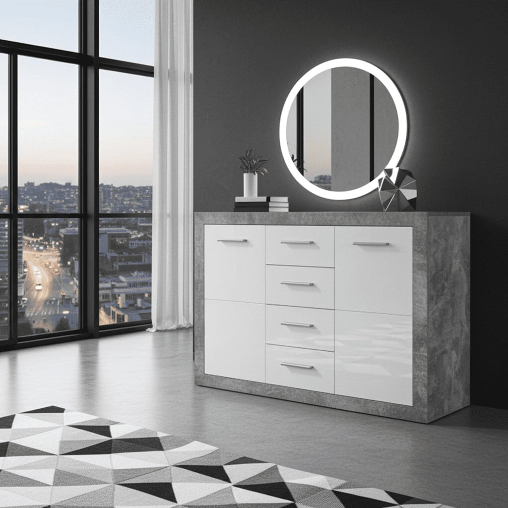 Pietra 117cm Grey and White Gloss 2 Door 4 Drawer Sideboard