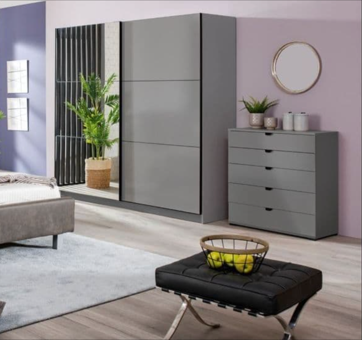 Valentina Grey 220cm Sliding Wardrobe with Mirror — bedroom lifestyle view