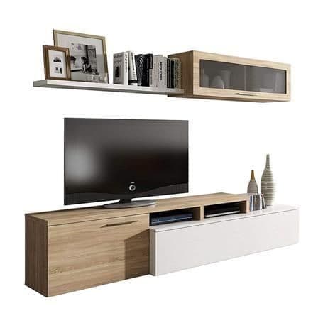 Warrington White Gloss And Oak Effect Reversible L-Shaped TV Entertainment Wall Unit Cabinet — angled product view