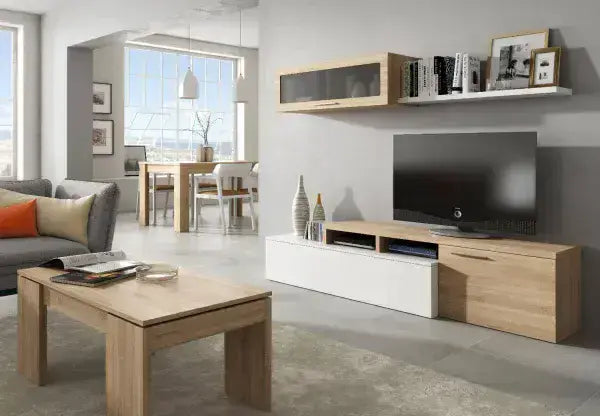 Warrington White Gloss And Oak Effect Reversible L-Shaped TV Entertainment Wall Unit Cabinet — front product view