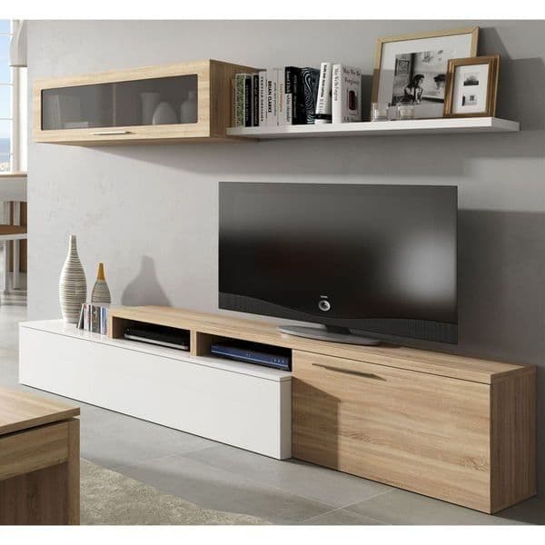 Warrington White Gloss And Oak Effect Reversible L-Shaped TV Entertainment Wall Unit Cabinet — main product view