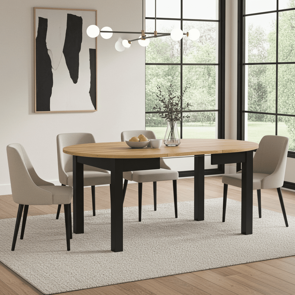 Wiktor Black And Oak Effect Round Extending Dining Table — dining room view