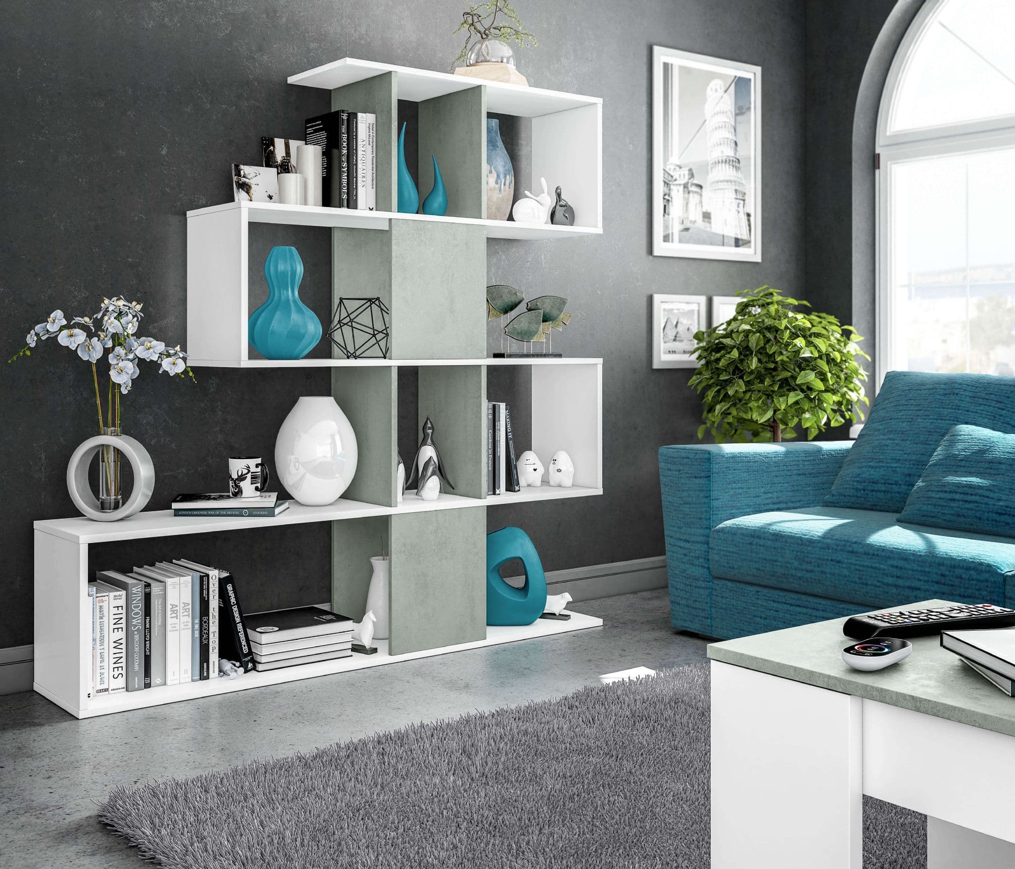 Zaga Arctic White and Concrete Grey Bookcase
