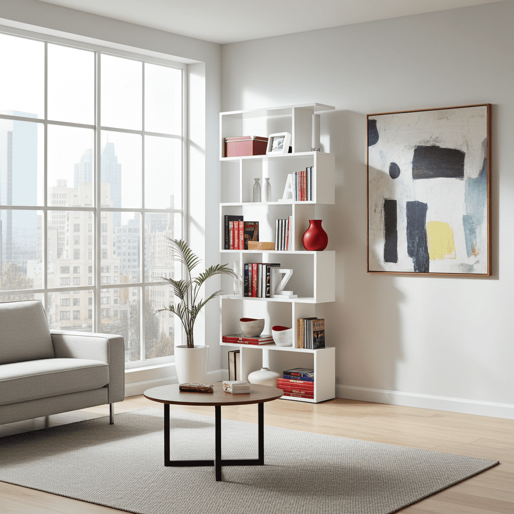 Zing White Gloss Bookcase — bright living room lifestyle view