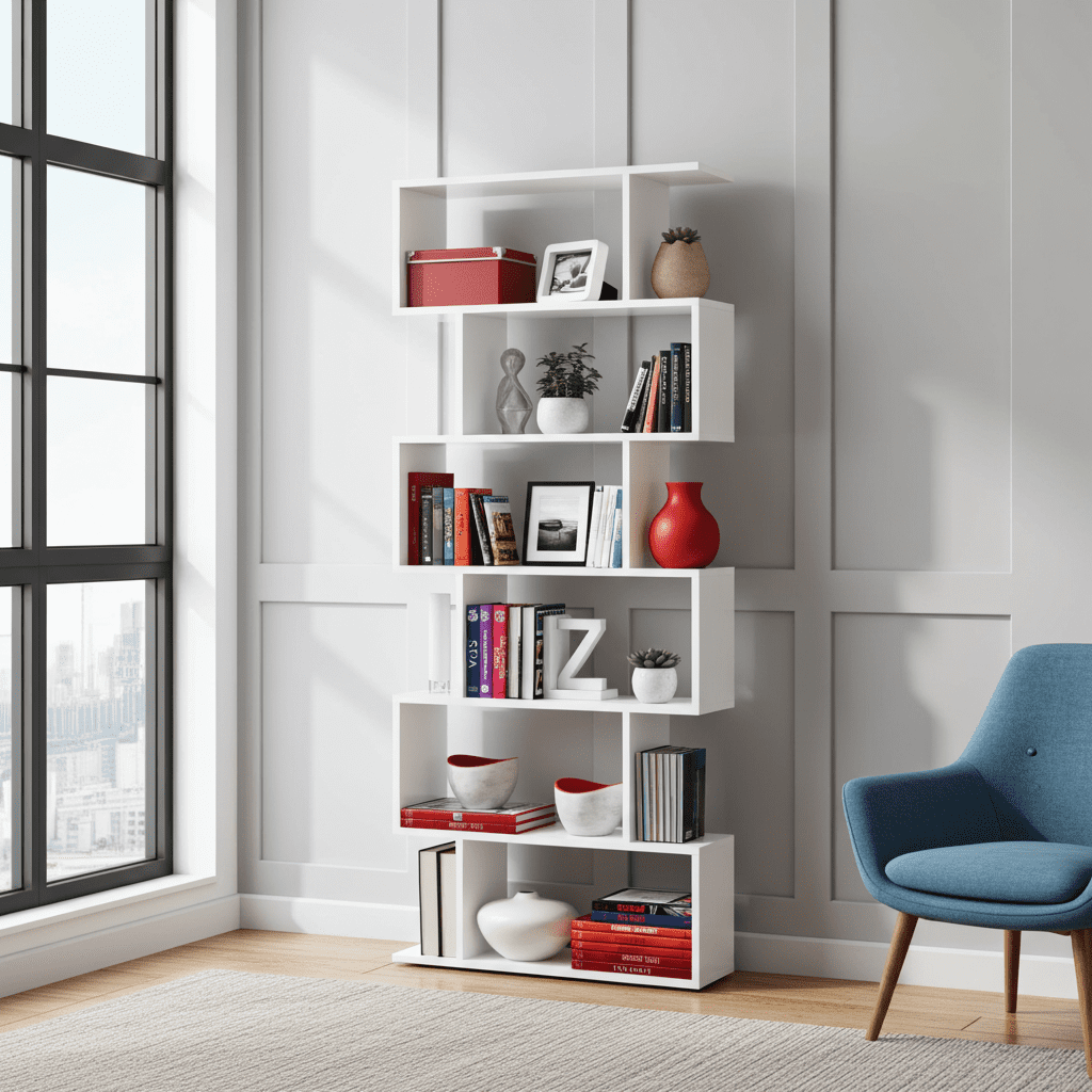 Zing White Gloss Bookcase — modern living room lifestyle view